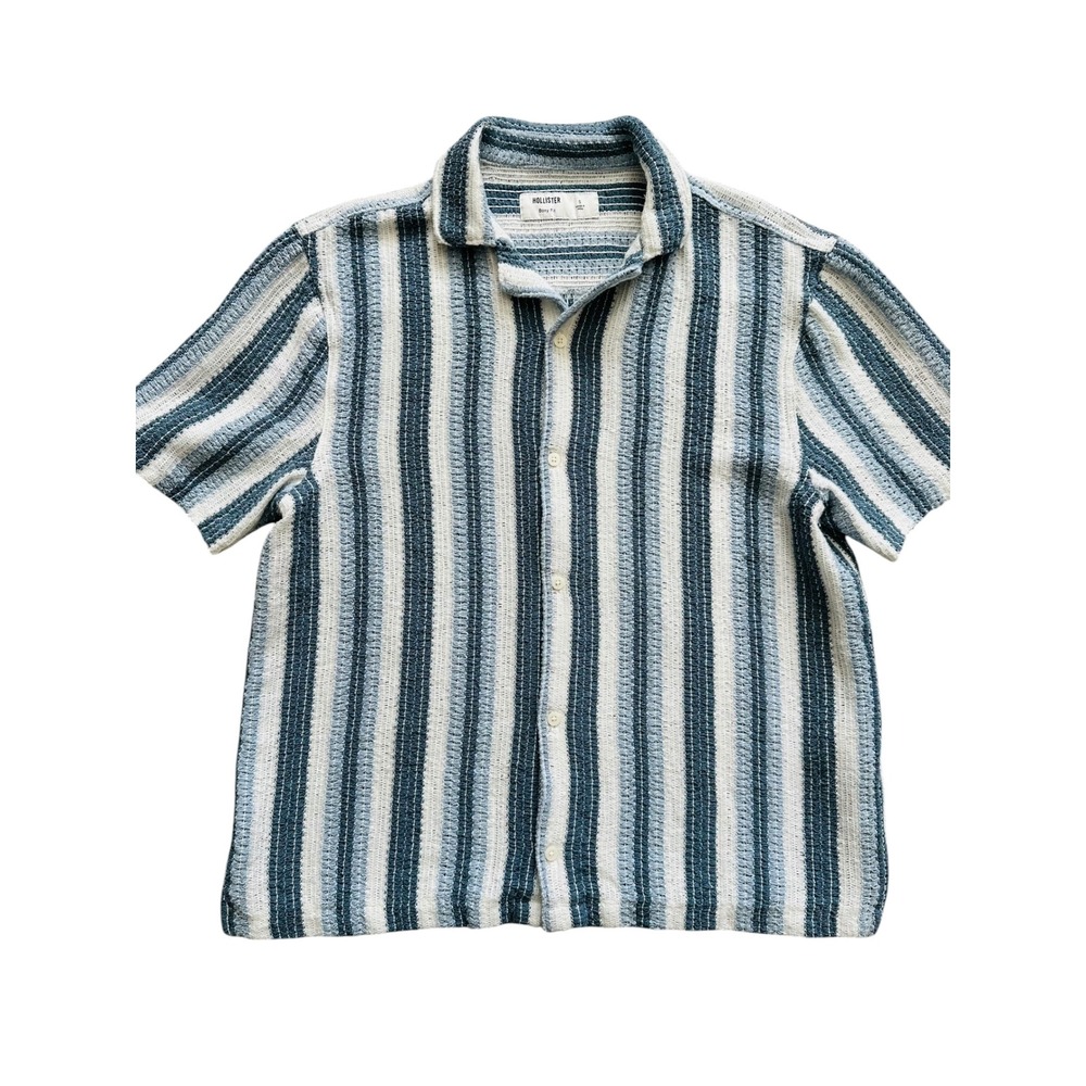 Coastal Hollister Boxy Fit Crochet Stripe Button Up Shirt Small Blue White